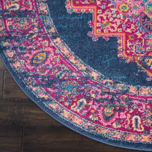 Homeroots 4 ft. Round Blue & Pink Medallion Area Rug - 385253