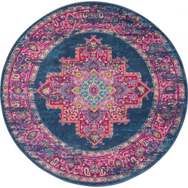 Homeroots 4 ft. Round Blue & Pink Medallion Area Rug - 385253