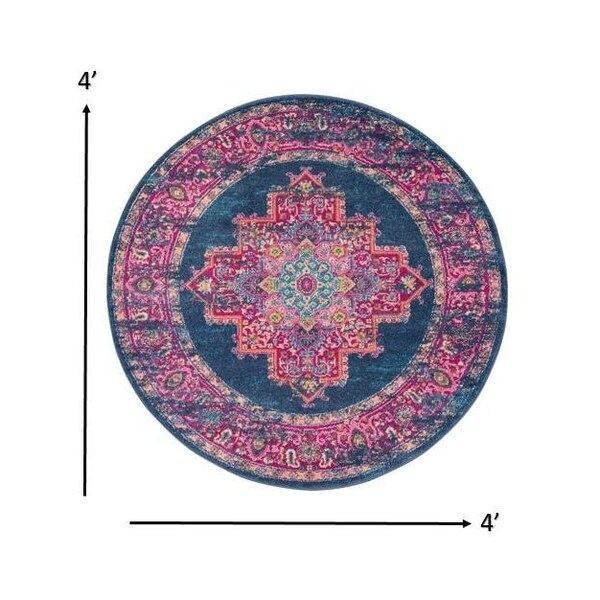 Homeroots 4 ft. Round Blue & Pink Medallion Area Rug - 385253