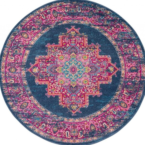 Homeroots 4 ft. Round Blue & Pink Medallion Area Rug - 385253