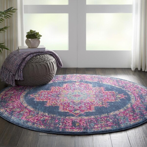 Homeroots 4 ft. Round Blue & Pink Medallion Area Rug - 385253