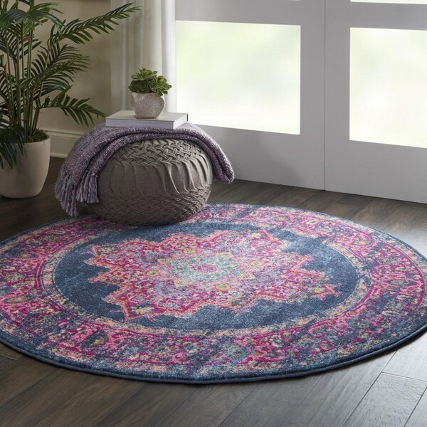Homeroots 4 ft. Round Blue & Pink Medallion Area Rug - 385253