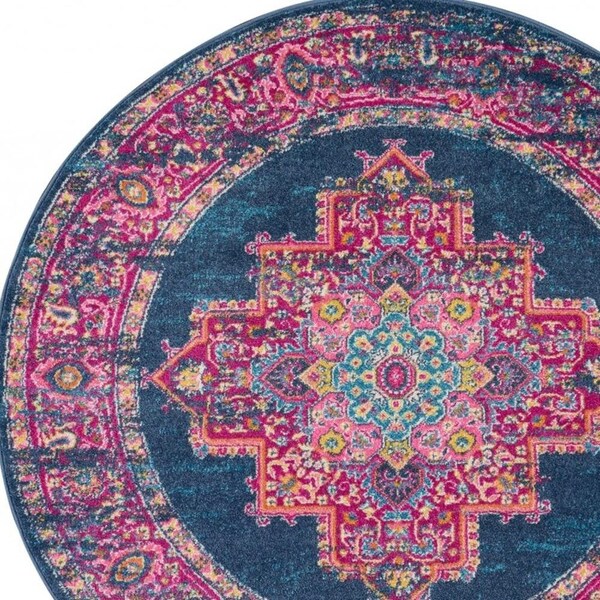 Homeroots 4 ft. Round Blue & Pink Medallion Area Rug - 385253