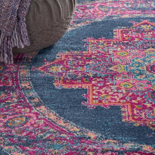 Homeroots 4 ft. Round Blue & Pink Medallion Area Rug - 385253