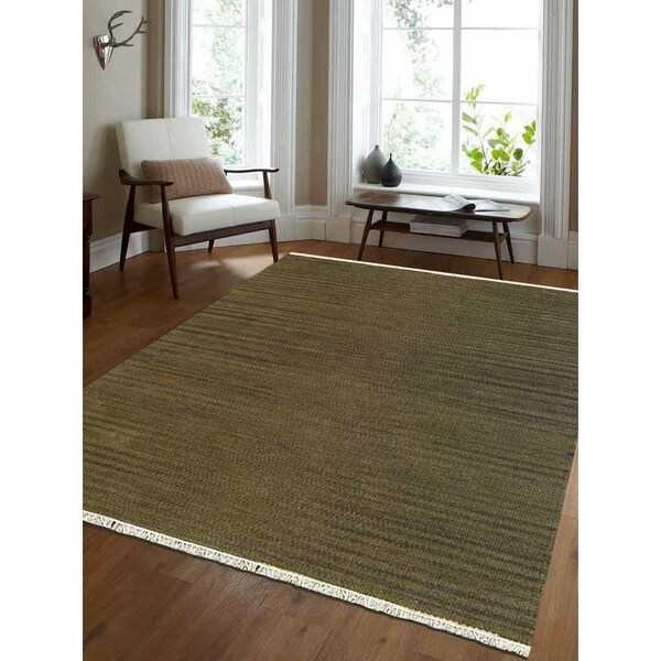 Jensendistributionservices 3 x 5 ft. Hand Woven Flat Weave Kilim Wool Solid Rectangle Area Rug, Olive - MI1557133