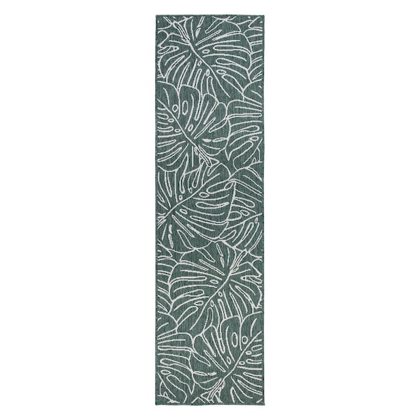 World Rug Gallery Contemporary Tropical Leaves Weather Resistant Indoor/Outdoor Runner Rug 2' x 7' Green - 4031GREEN2X7