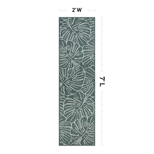 World Rug Gallery Contemporary Tropical Leaves Weather Resistant Indoor/Outdoor Runner Rug 2' x 7' Green - 4031GREEN2X7
