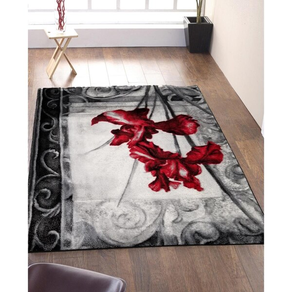 Terreno 5 x 7 ft. Modern Jersey Collection Floral Stylish Stain Resistant Floor Rug, Black & Red - TE2586236