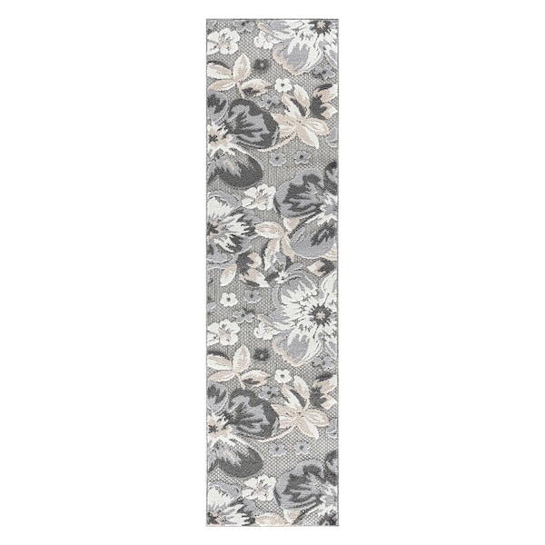 World Rug Gallery Contemporary Floral Indoor/Outdoor Runner Rug 2' x 7' Runner Gray - 5566GRAY2X7