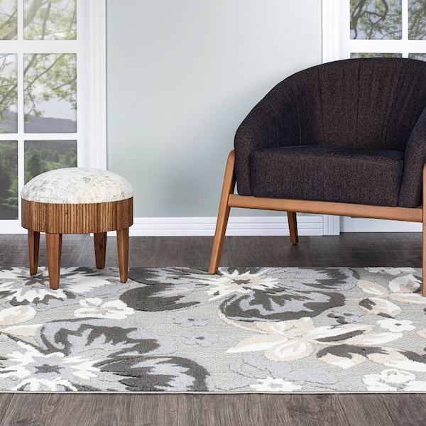 World Rug Gallery Contemporary Floral Indoor/Outdoor Runner Rug 2' x 7' Runner Gray - 5566GRAY2X7