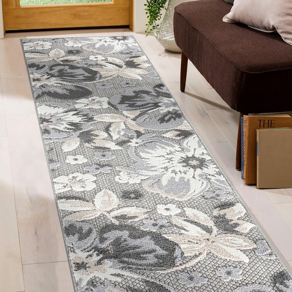 World Rug Gallery Contemporary Floral Indoor/Outdoor Runner Rug 2' x 7' Runner Gray - 5566GRAY2X7