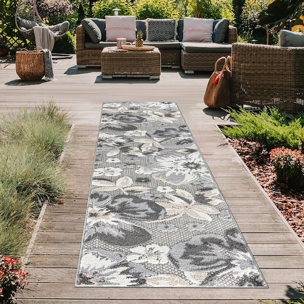 World Rug Gallery Contemporary Floral Indoor/Outdoor Runner Rug 2' x 7' Runner Gray - 5566GRAY2X7