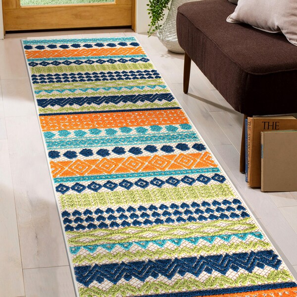 World Rug Gallery Palm Floral Leaves Indoor/Outdoor Runner Rug 2'x7' Gray Runner Rug - 5557MULTI2X7