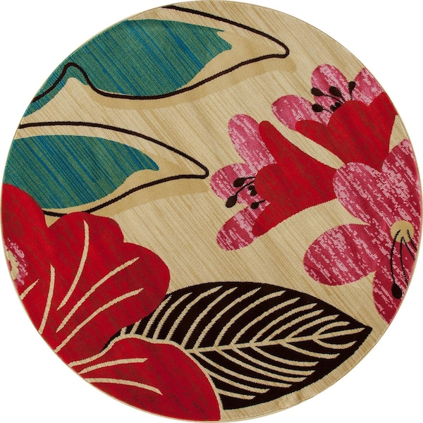 Art Carpet 5 Ft. Antigua Collection Hibiscus Woven Round Area Rug, Beige - 841864117910