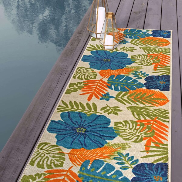 World Rug Gallery Tropical Floral Leaves Indoor/Outdoor Runner Rug 2'x7' Multi - 9018MULTI2X7