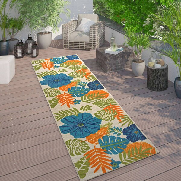 World Rug Gallery Tropical Floral Leaves Indoor/Outdoor Runner Rug 2'x7' Multi - 9018MULTI2X7