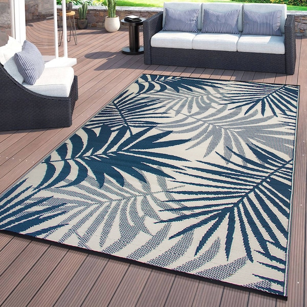 World Rug Gallery Modern Floral Reversible Plastic 3'x5' Navy Outdoor Rug - 6054NAVY3X5