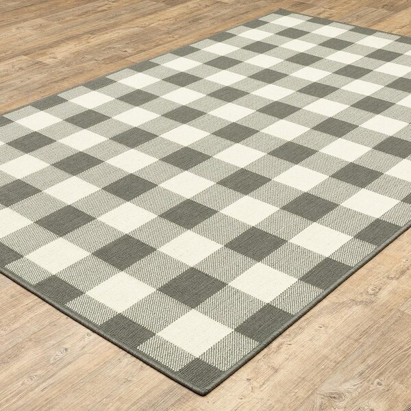 Homeroots 2 x 8 ft. Gray & Ivory Gingham Indoor & Outdoor Runner Rug - 389524