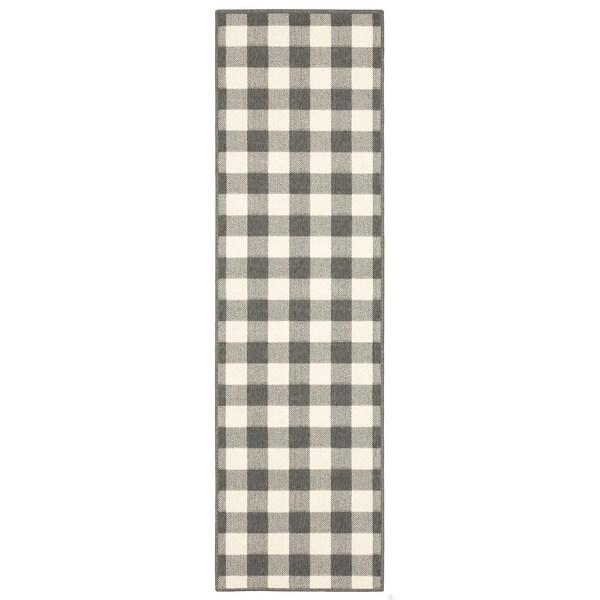 Homeroots 2 x 8 ft. Gray & Ivory Gingham Indoor & Outdoor Runner Rug - 389524