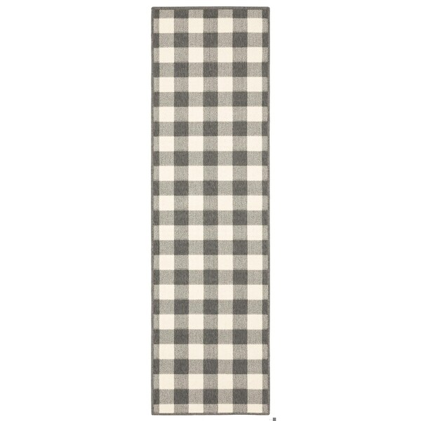 Homeroots 2 x 8 ft. Gray & Ivory Gingham Indoor & Outdoor Runner Rug - 389524
