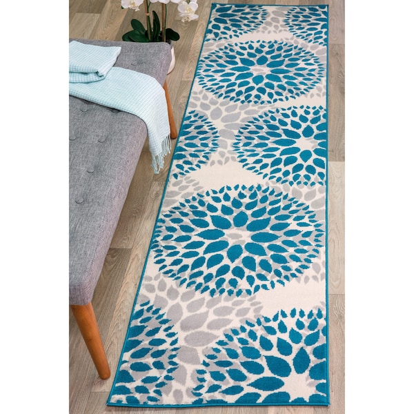 World Rug Gallery Modern Floral Circles Design 2' x 7'2'' Blue Runner Rug - 9099BLUE2X7
