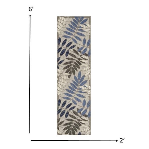 Homeroots 2 x 6 ft. Gray & Blue Leaves Indoor & Outdoor Runner Rug - 384865