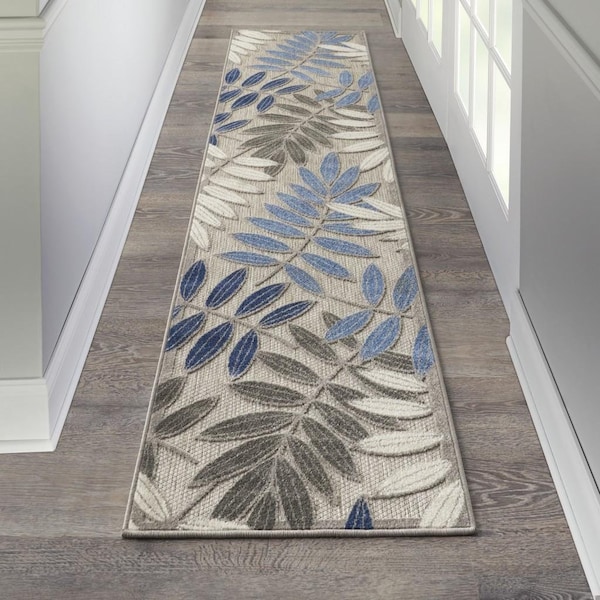 Homeroots 2 x 6 ft. Gray & Blue Leaves Indoor & Outdoor Runner Rug - 384865