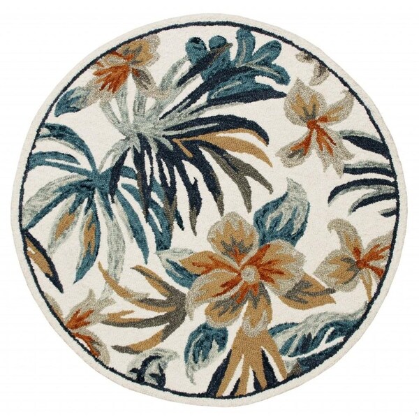 Homeroots 4 ft. Round Blue & White Tropical Area Rug - 396188