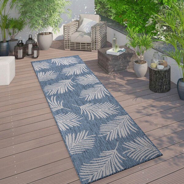 World Rug Gallery Contemporary Palm Leaves Textured Flat Weave Indoor/Outdoor Runner Rug 2'x7' Blue - 111BLUE2X7