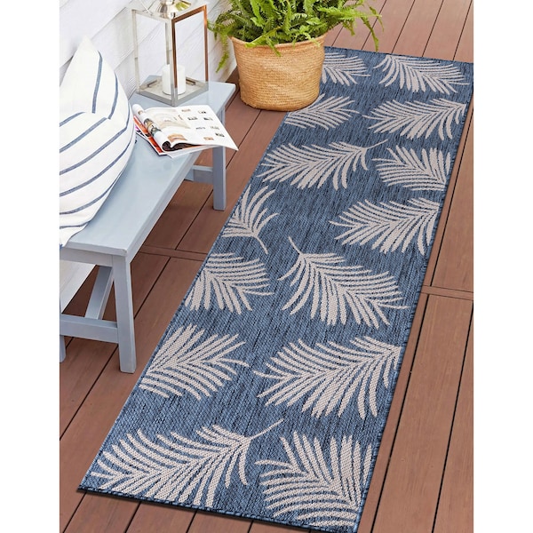 World Rug Gallery Contemporary Palm Leaves Textured Flat Weave Indoor/Outdoor Runner Rug 2'x7' Blue - 111BLUE2X7