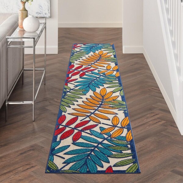 Homeroots 2 x 12 ft. Multi Color Leaves Indoor & Outdoor Runner Rug - 384938