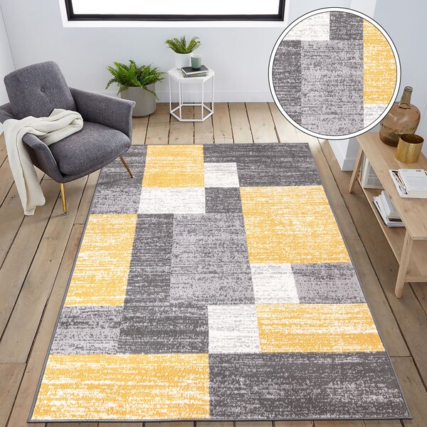 World Rug Gallery Modern Geometric Boxes Yellow/Gray/Ivory Area Rug 5'x7' - 2072YELLOW5X7