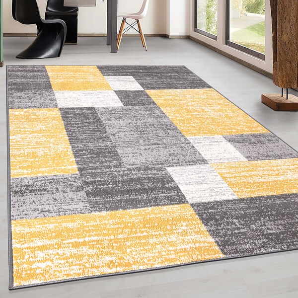World Rug Gallery Modern Geometric Boxes Yellow/Gray/Ivory Area Rug 5'x7' - 2072YELLOW5X7