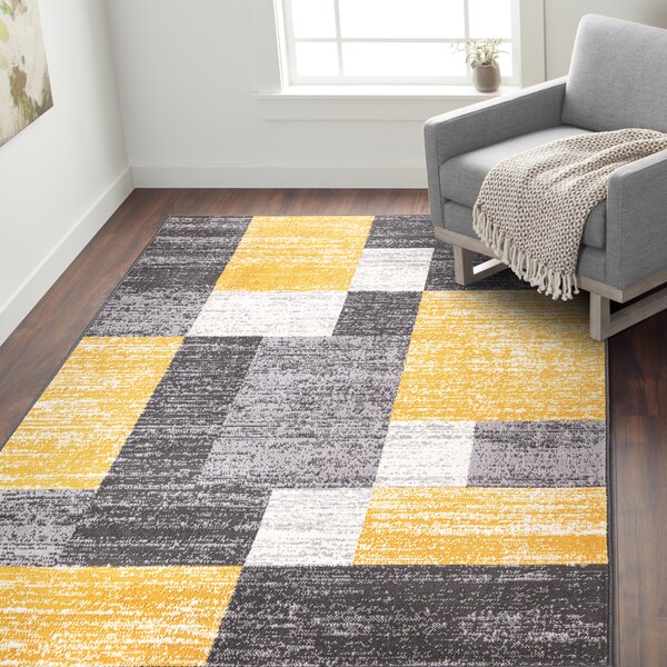 World Rug Gallery Modern Geometric Boxes Yellow/Gray/Ivory Area Rug 5'x7' - 2072YELLOW5X7