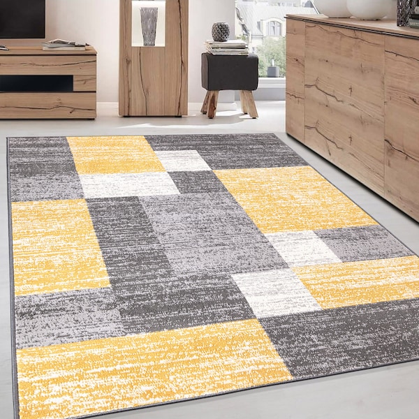 World Rug Gallery Modern Geometric Boxes Yellow/Gray/Ivory Area Rug 5'x7' - 2072YELLOW5X7