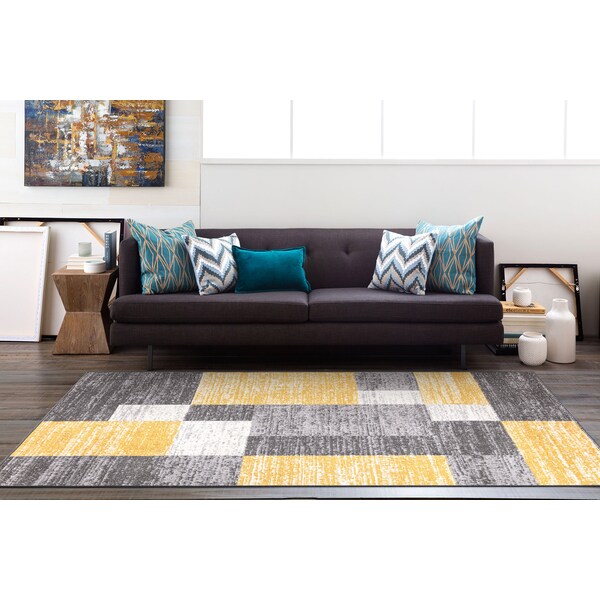 World Rug Gallery Modern Geometric Boxes Yellow/Gray/Ivory Area Rug 5'x7' - 2072YELLOW5X7