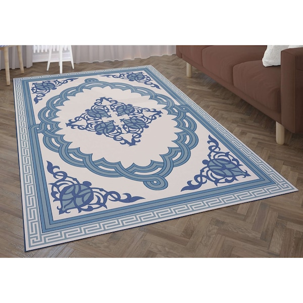 Deerlux Transitional Living Room Area Rug with Nonslip Backing, Blue Medallion Pattern, 9 x12 ft Extra Large - QI003642.XL