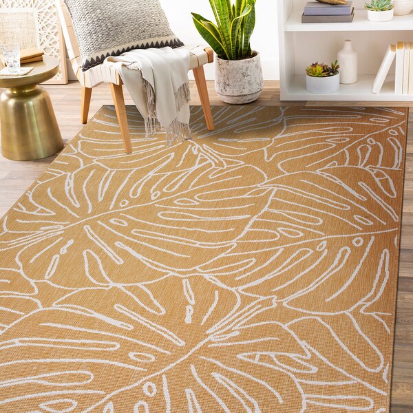 World Rug Gallery Contemporary Tropical Leaves Weather Resistant Indoor/Outdoor Area Rug 7' 10'' x 10' Yellow - 4031YELLOW8X10