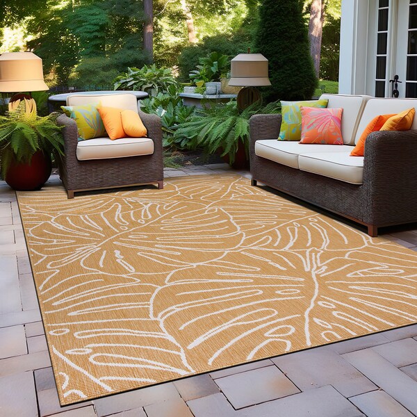 World Rug Gallery Contemporary Tropical Leaves Weather Resistant Indoor/Outdoor Area Rug 7' 10'' x 10' Yellow - 4031YELLOW8X10