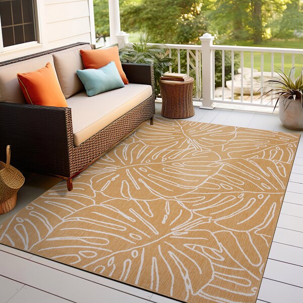 World Rug Gallery Contemporary Tropical Leaves Weather Resistant Indoor/Outdoor Area Rug 7' 10'' x 10' Yellow - 4031YELLOW8X10