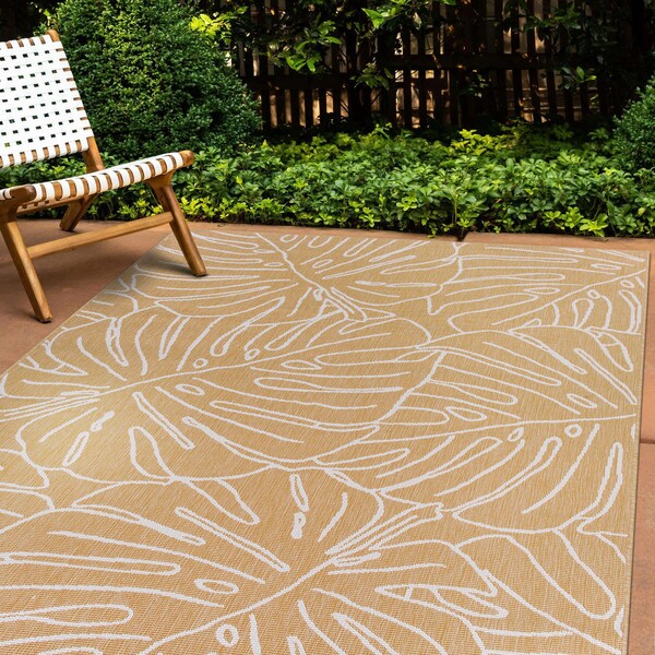 World Rug Gallery Contemporary Tropical Leaves Weather Resistant Indoor/Outdoor Area Rug 7' 10'' x 10' Yellow - 4031YELLOW8X10