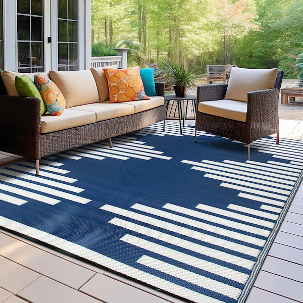 World Rug Gallery Bohemian Stripe Diamond Reversible Recycled Plastic 7'10'' X 10' Navy Outdoor Rug - 6071NAVY8X10