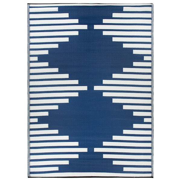World Rug Gallery Bohemian Stripe Diamond Reversible Recycled Plastic 7'10'' X 10' Navy Outdoor Rug - 6071NAVY8X10