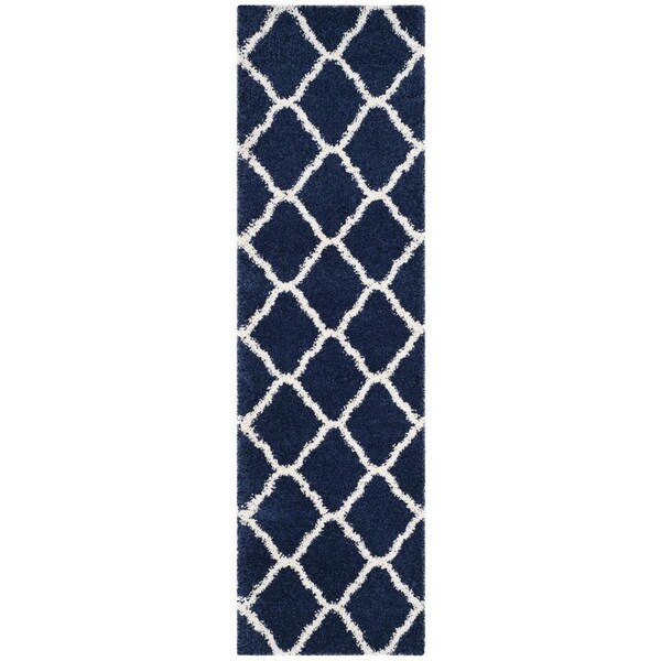 Safavieh 2 ft. 3 in. x 16 ft. Hudson Shag Power Loomed Runner Area Rug; Navy & Ivory - SGH283C-216