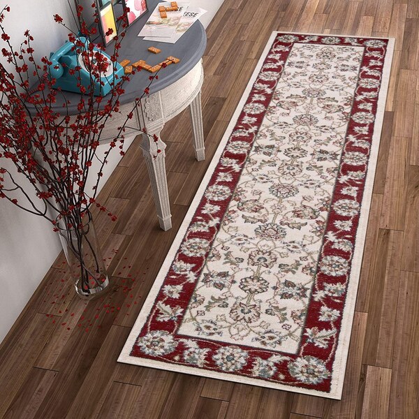 Homeroots 2 ft. x 7 ft. 7 in. Runner Polypropylene Ivory & Red Area Rug - 353445