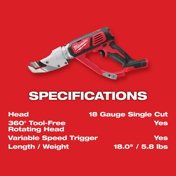 Milwaukee Tool M18™ 18V 18-Gauge Cordless Single Cut Metal Shear (Bare Tool) - 2637-20