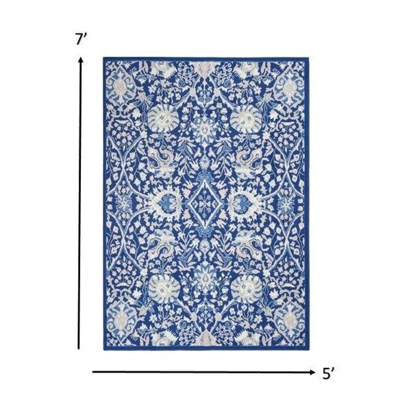 Homeroots 5 x 7 ft. Navy & Ivory Intricate Floral Area Rug - 385866