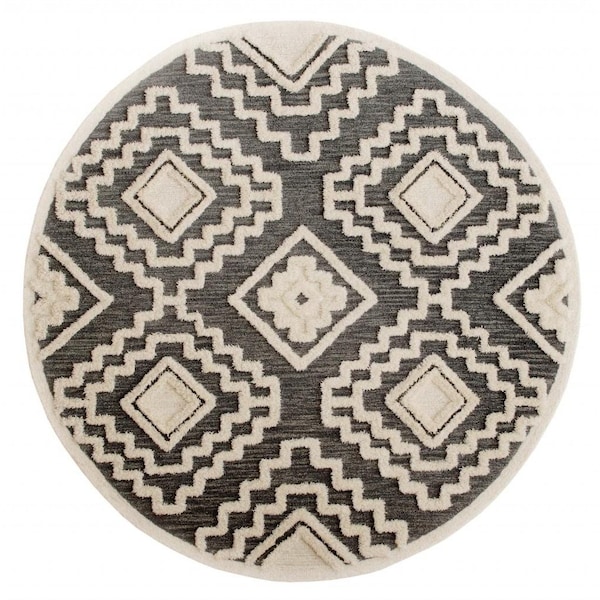 Homeroots 4 ft. Round Gray & Cream Geometric Area Rug - 396178