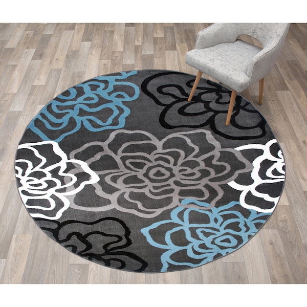 World Rug Gallery Contemporary Modern Floral Flowers 6'6'' Round Gray - 108D.GRAY6RND