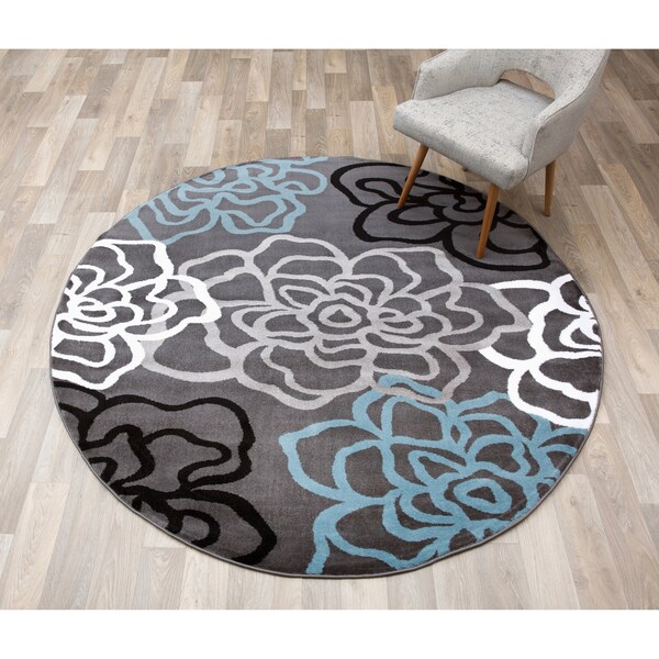 World Rug Gallery Contemporary Modern Floral Flowers 6'6'' Round Gray - 108D.GRAY6RND